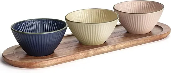 Acacia Wooden Tray with 3 Different - Color Ceramic Serving Bowls for Chip and DIP Set