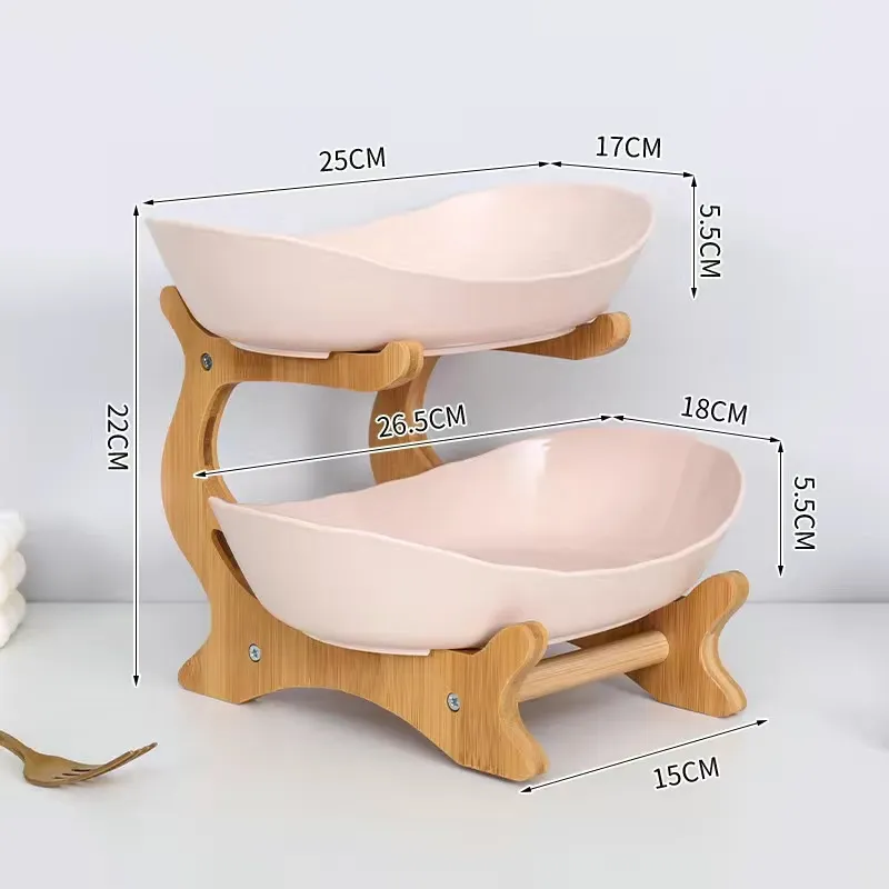 3 - Tier Household Ceramic Fruit Plate Bowl with Bamboo Wooden Storage Shelf