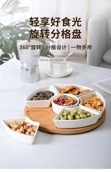 Rotating Ceramic Divided Serving Dish Bamboo Lazy Susan for Restaurant Fruit Appetizers