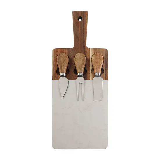 Marble and Acacia Wooden Serving Board with Cheese Knives Set and Handle
