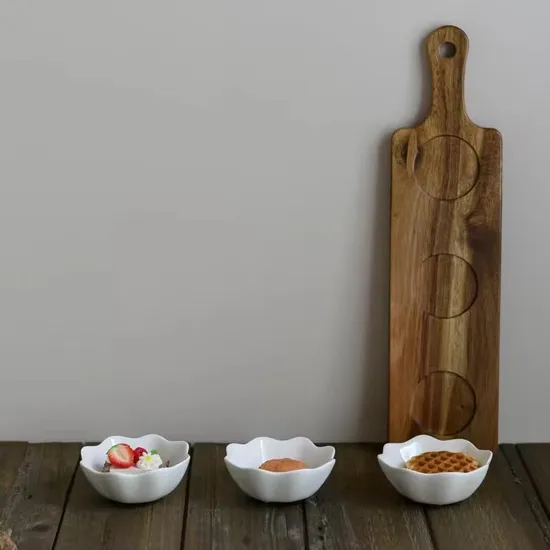 Long Acacia Wood Serving Platter with 3 Sauce Snack Dish