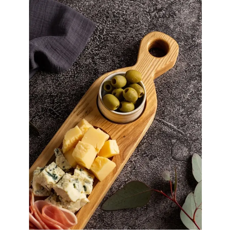 Long Bamboo Serving Tray Wooden Platter with Ceramic Sauce Dish