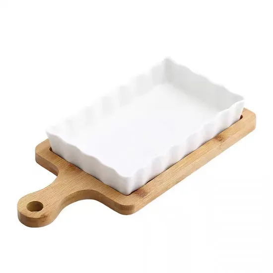 Vintage White Ceramic Cheese Snack Fruit Serving Tray with Bamboo Trivet for Baking
