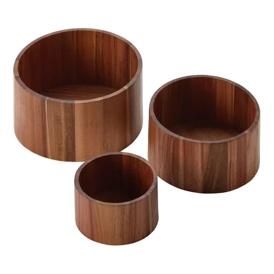 3 Piece Round Bamboo Food Display Riser Set Salad Bowl Set