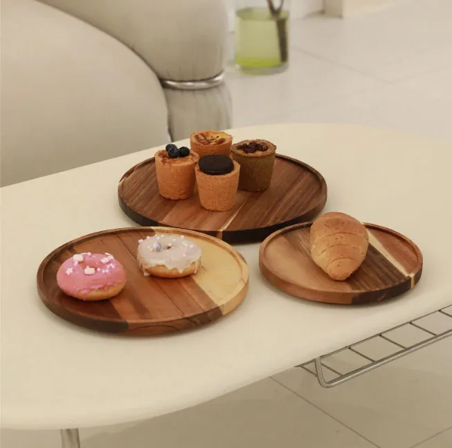 Turntable Acacia Wood Serving Plate Set Lazy Susan for Food