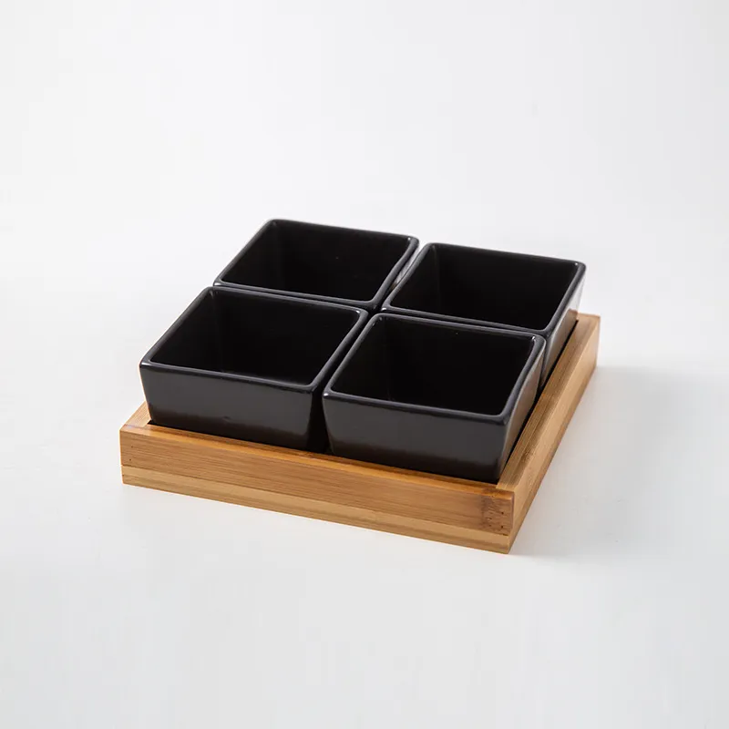 Bamboo Serving Tray with 4 Divided Ceramic Section Plates for Party Bar Food Snack Fruit Caddy